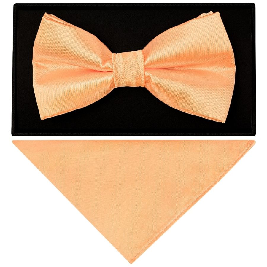 Plain Peach Handmade Mens Bow Tie and Pocket Square Set