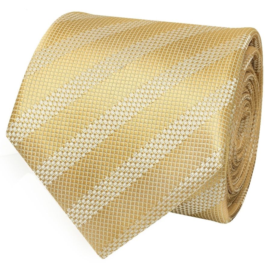 Mens Gold Textured Stripe Silk Classic Tie Pocket Square and Cufflinks Box Set