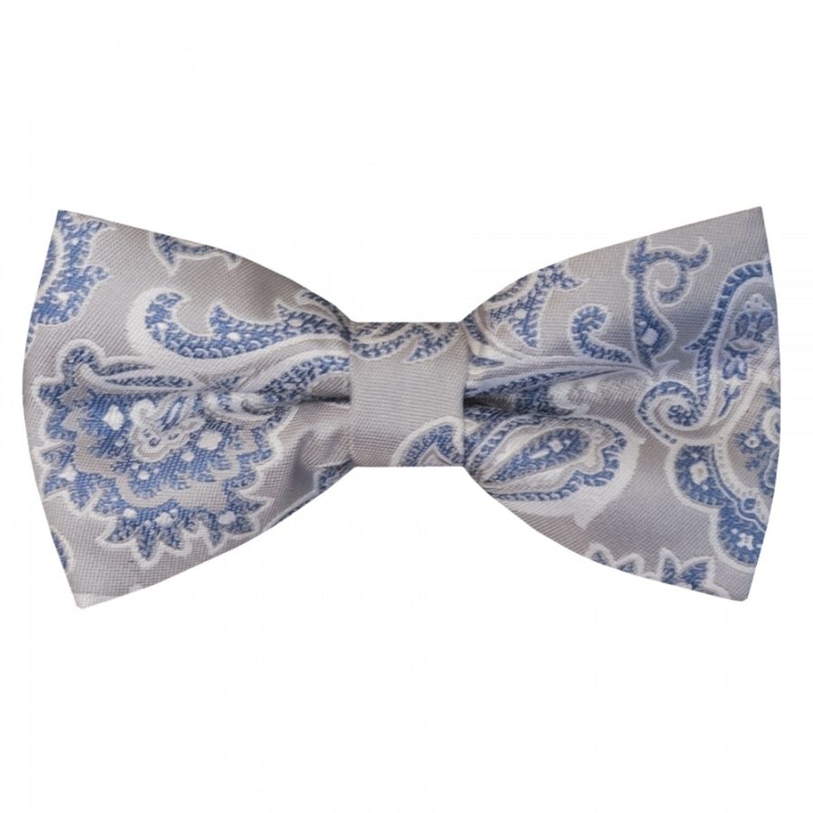 Pre Tied Silver and Blue Paisley Boys Bow Tie and Pocket Square Set Age 4-7