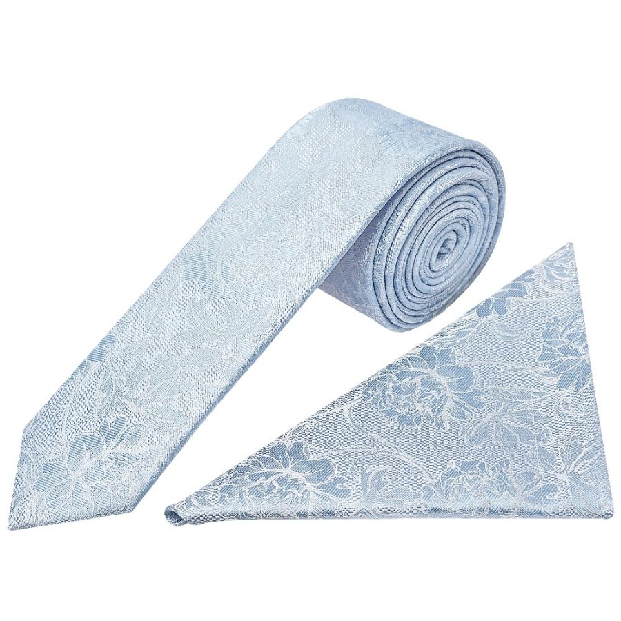 Blue Flower Skinny Men's Tie and Pocket Square Set