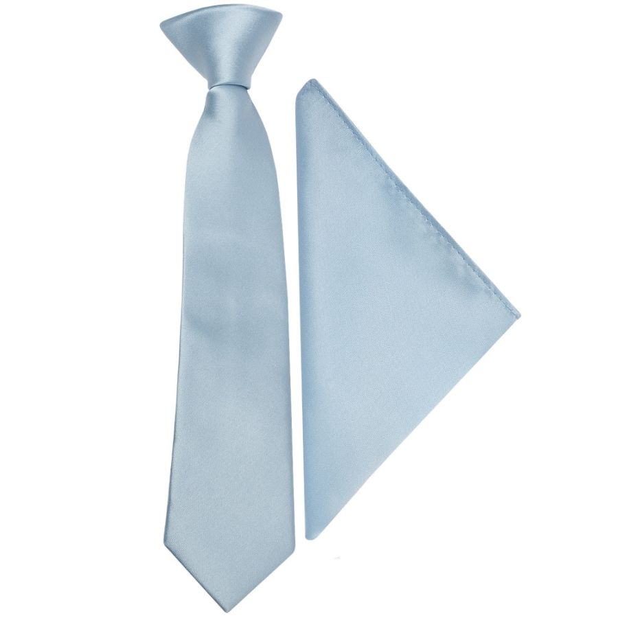 Pre Tied Light Blue Satin Boys Tie and Pocket Square Set Age 4-7