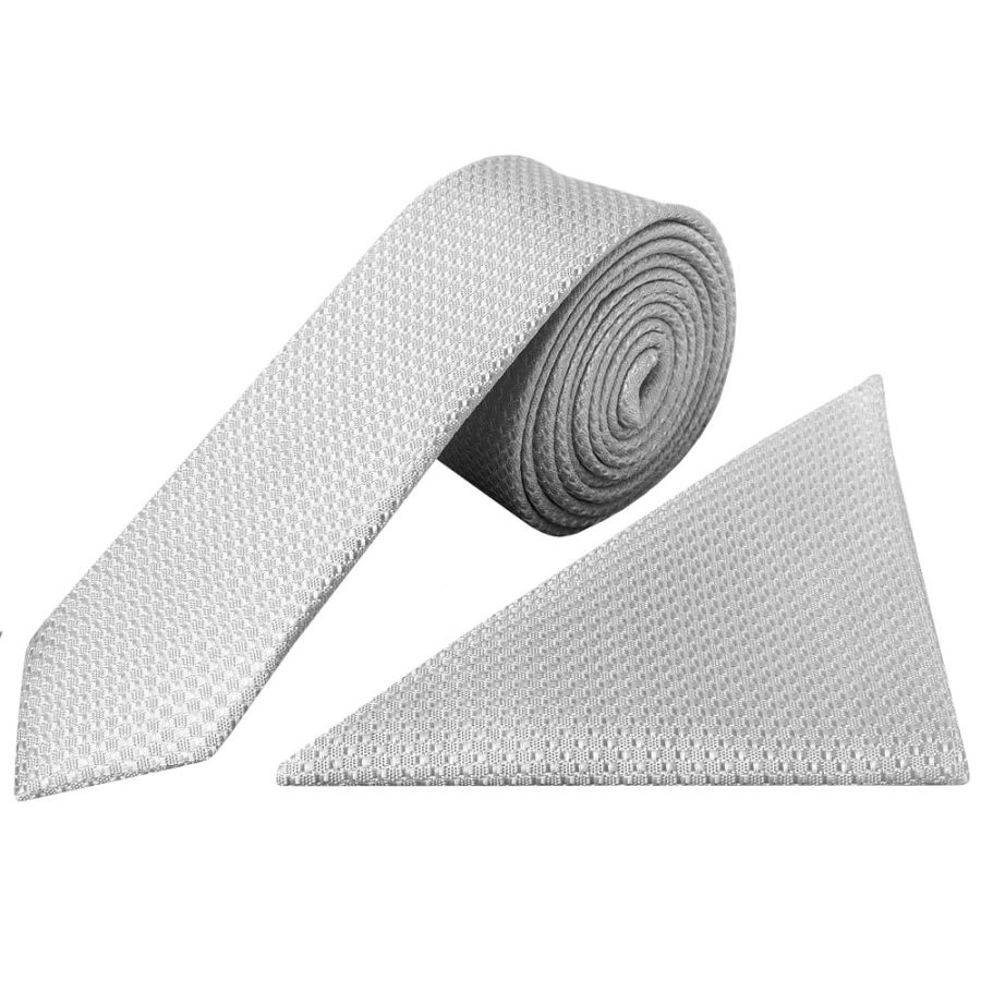 Silver Textured Skinny Tie and Pocket Square Set