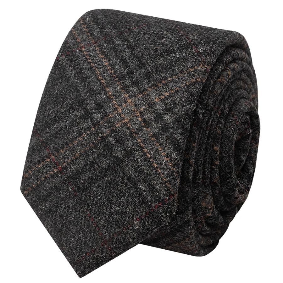 Dark Grey Check Tweed Skinny Men's Tie and Pocket Square