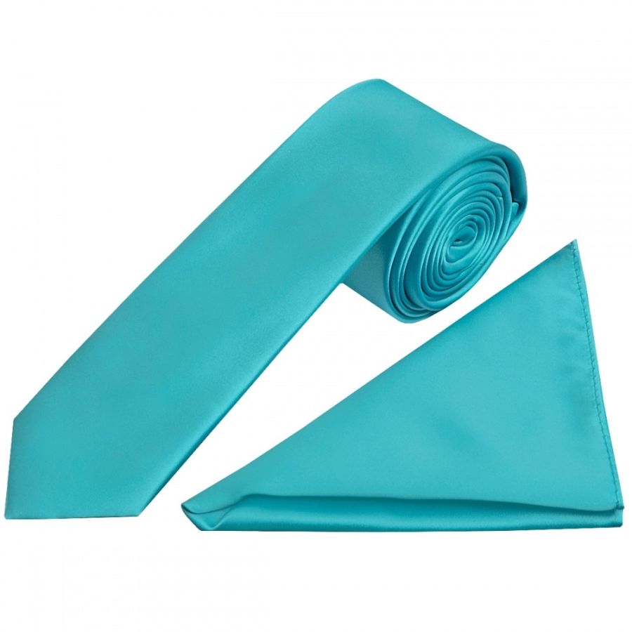 Plain Turquoise Satin Skinny Men's Tie and Pocket Square Set
