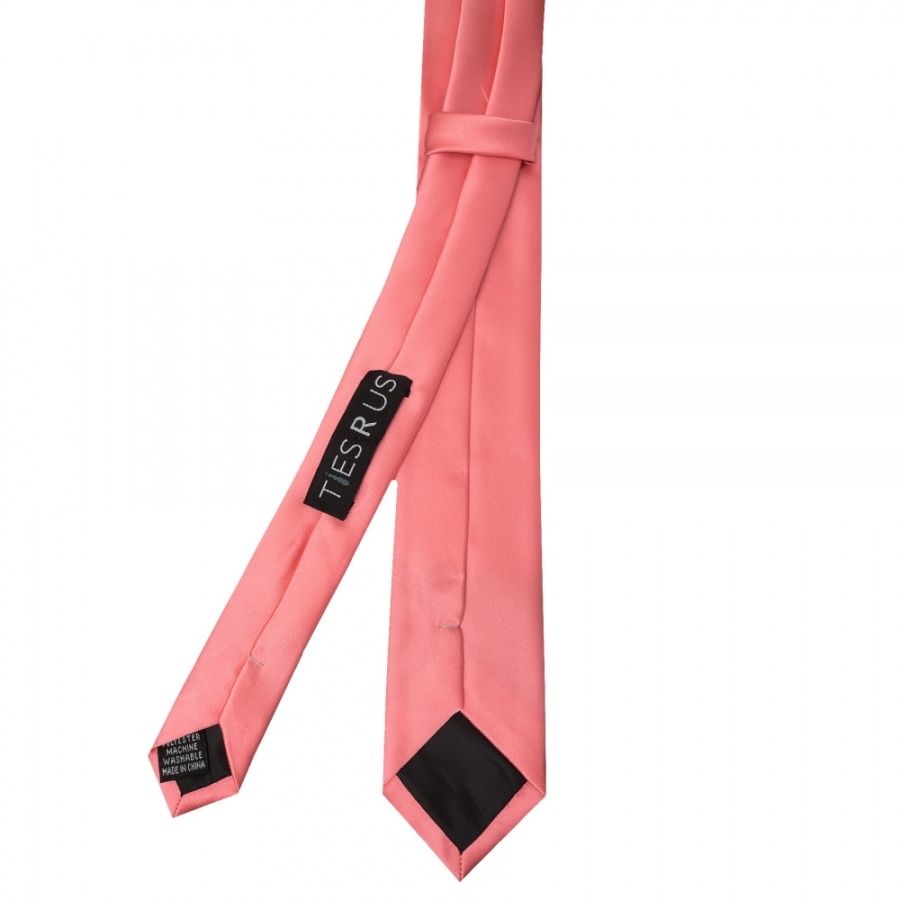 Plain Light Coral Pink Satin Skinny Boys Tie and Pocket Square Set