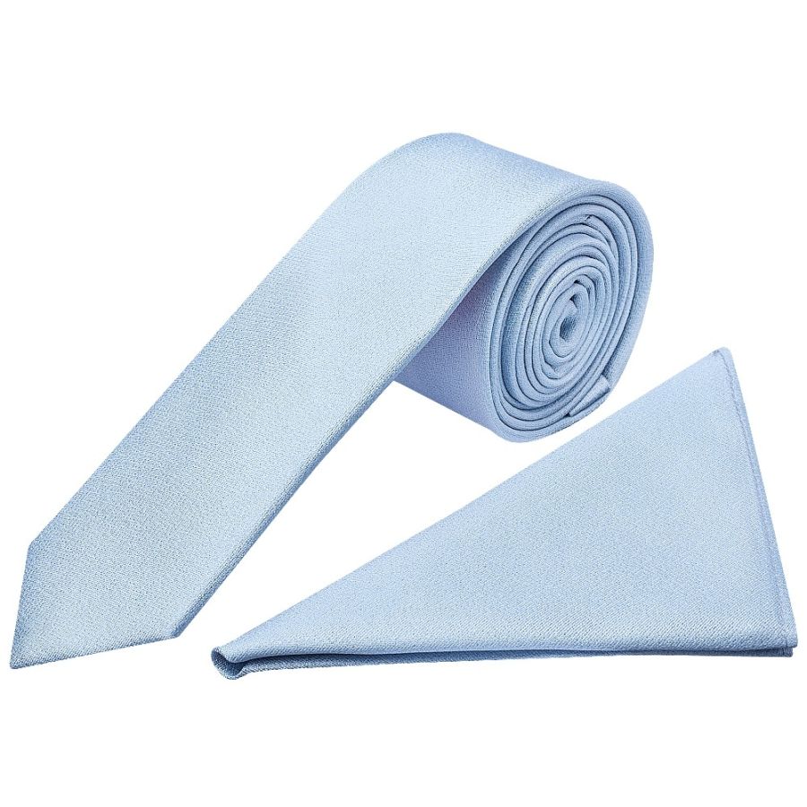 Plain Light Blue Silk Skinny Boys Tie and Pocket Square Set