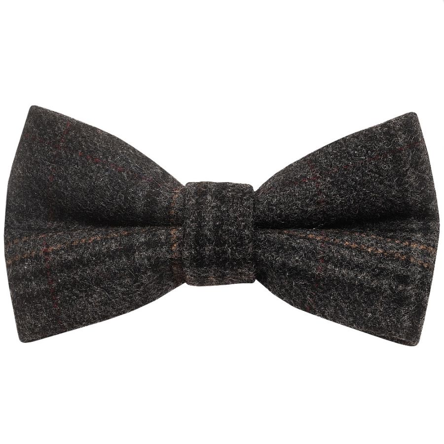 Pre Tied Dark Grey Check Tweed Boys Bow Tie and Pocket Square Set