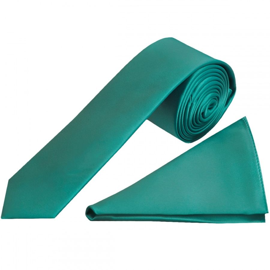 Plain Teal Green Satin Skinny Men's Tie and Pocket Square Set