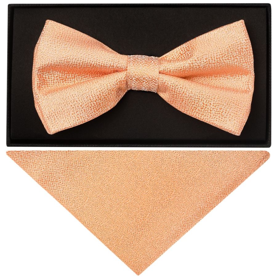 Plain Peach Textured Silk Mens Bow Tie and Pocket Square Set