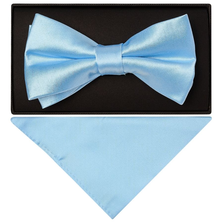 Plain Sky Blue Handmade Mens Bow Tie and Pocket Square Set