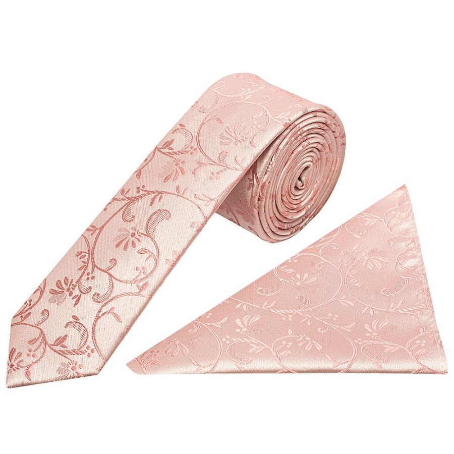 Rose Gold Floral Skinny Boys Tie and Pocket Square Set