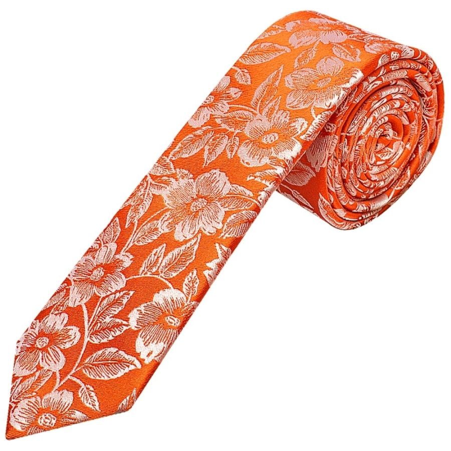 Mens Orange Floral Silk Skinny Tie and Pocket Square