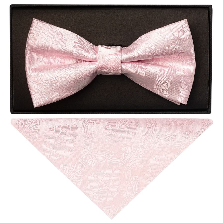Blush Pink Paisley Handmade Mens Bow Tie and Pocket Square Set