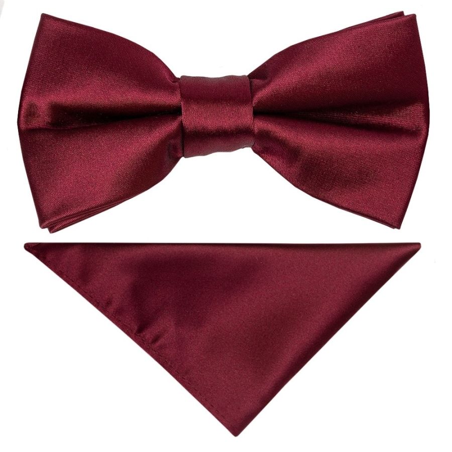 Pre Tied Burgundy Satin Boys Bow Tie and Pocket Square Set Age 4-7