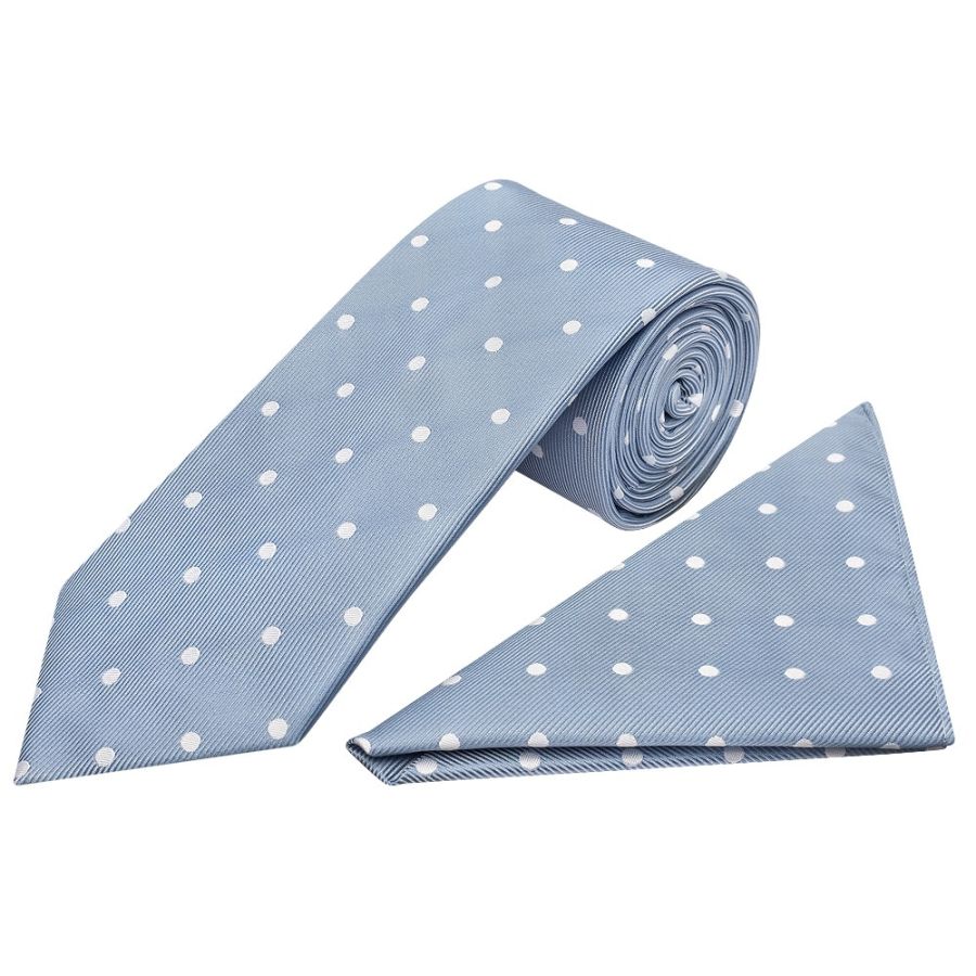 Dusty Blue White Spot Classic Men's Tie and Pocket Square Set