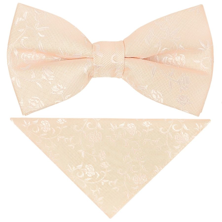 Pre Tied Light Peach and White Floral Boys Bow Tie and Pocket Square Set