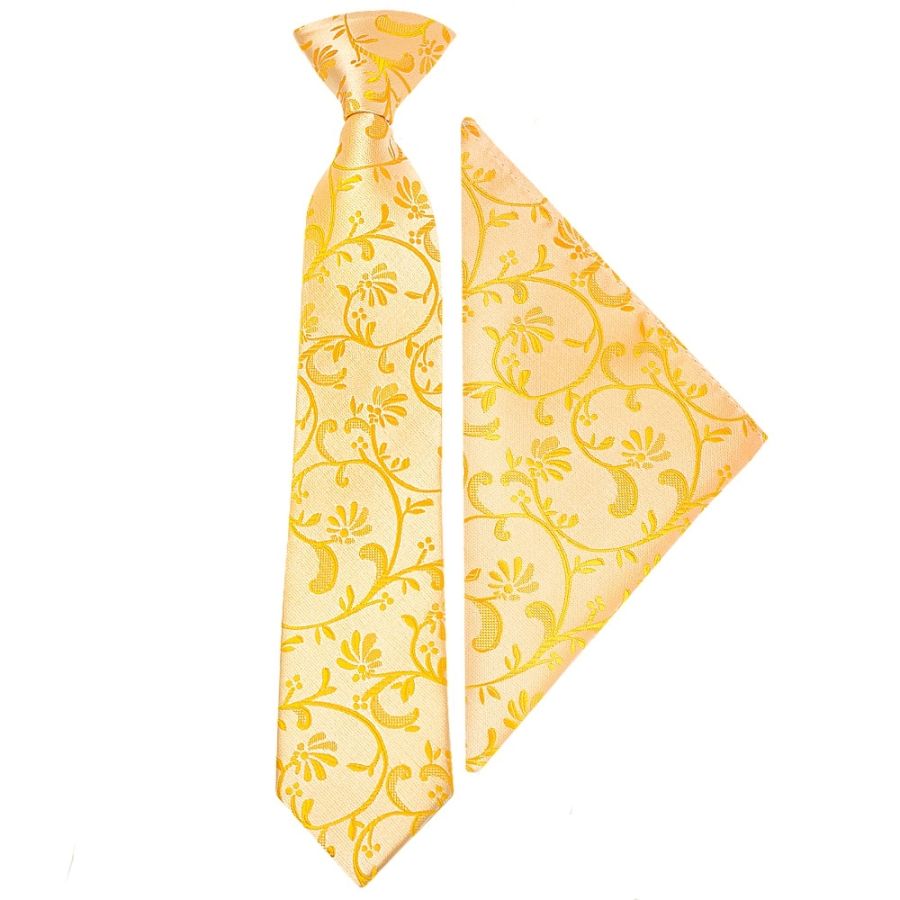 Pre Tied Bright Yellow Floral Boys Tie and Pocket Square Set Age 4-7