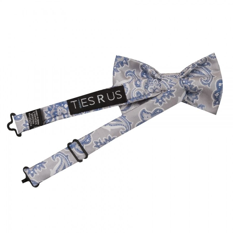 Pre Tied Silver and Blue Paisley Boys Bow Tie Age 18 Months-3 Years