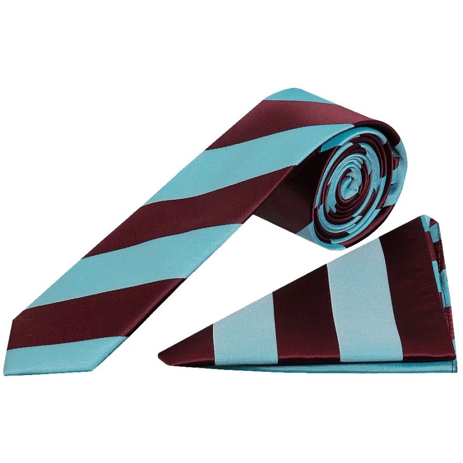 Claret and Blue Striped Skinny Boys Tie Pocket Square Set