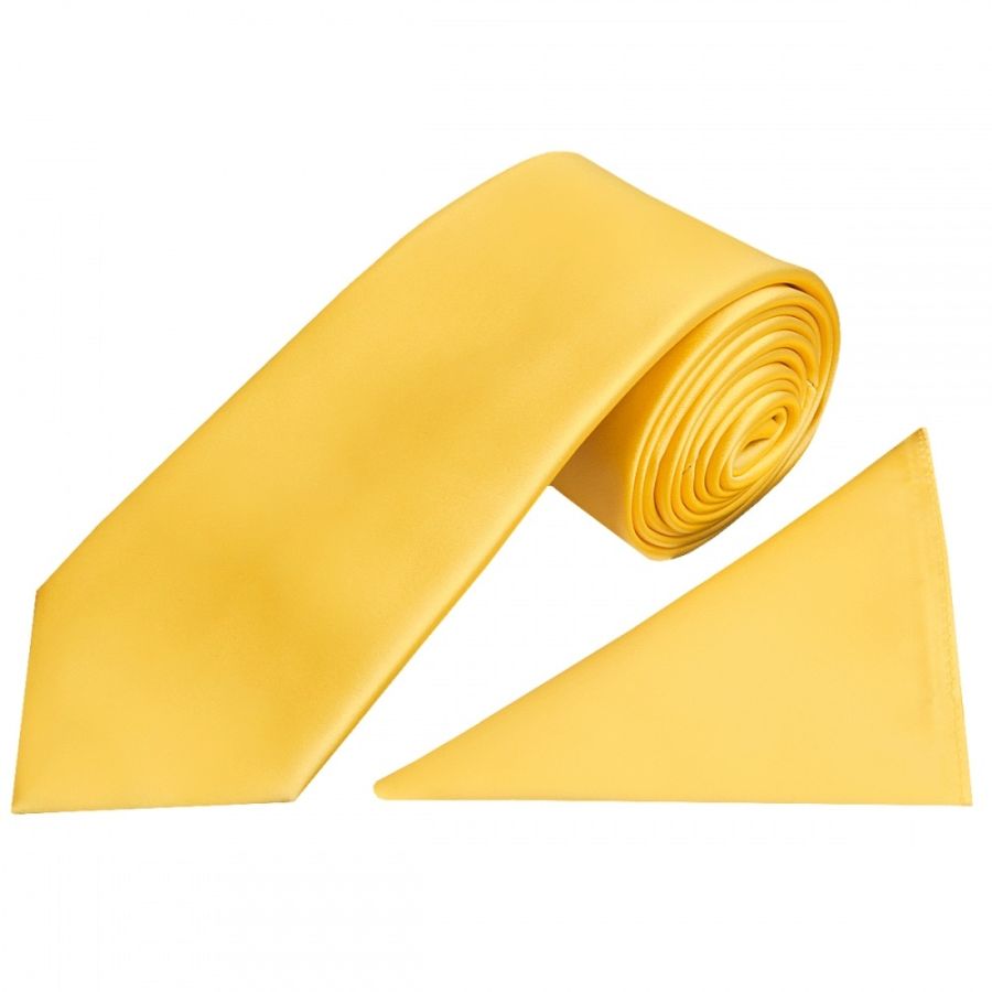 Plain Yellow Gold Satin Classic Men's Tie and Pocket Square Set