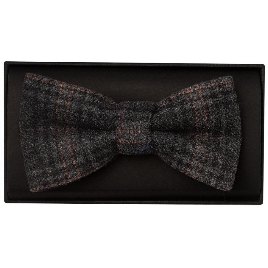 Dark Grey Check Mens Tweed Bow Tie