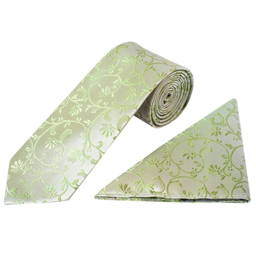 Sage Green Floral Classic Men's Tie and Pocket Square Set