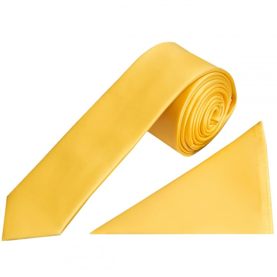 Plain Yellow Gold Satin Skinny Men's Tie and Pocket Square Set