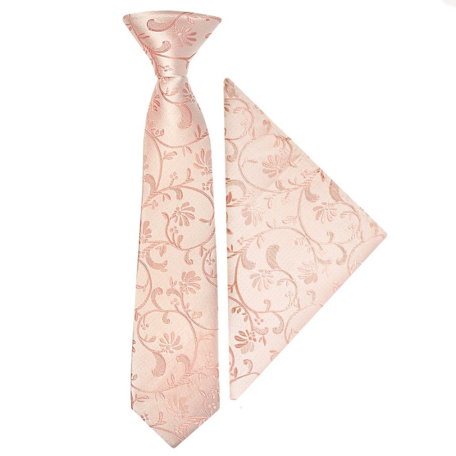 Pre Tied Rose Quartz Floral Boys Tie and Pocket Square Set Age 4-7