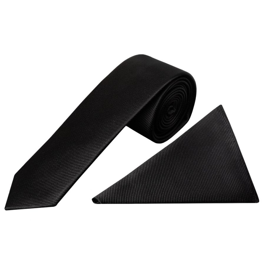 Black Silk Twill Skinny Mens Tie and Pocket Square Set
