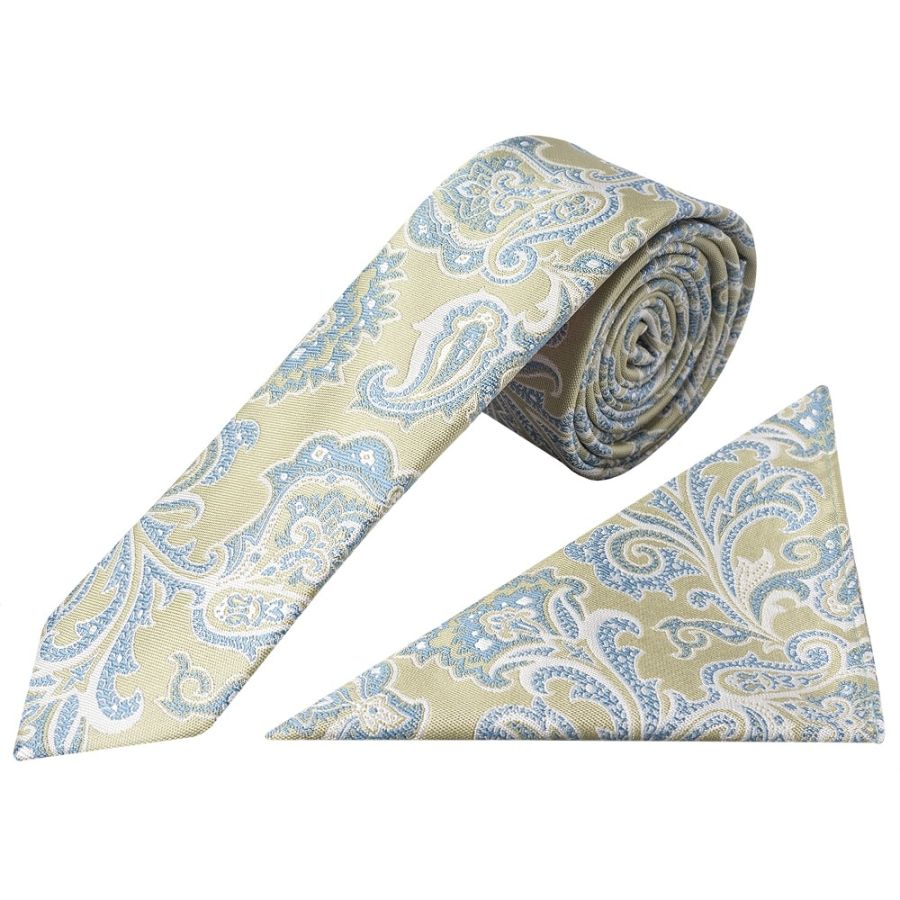 Green and Blue Paisley Skinny Men's Tie and Pocket Square Set