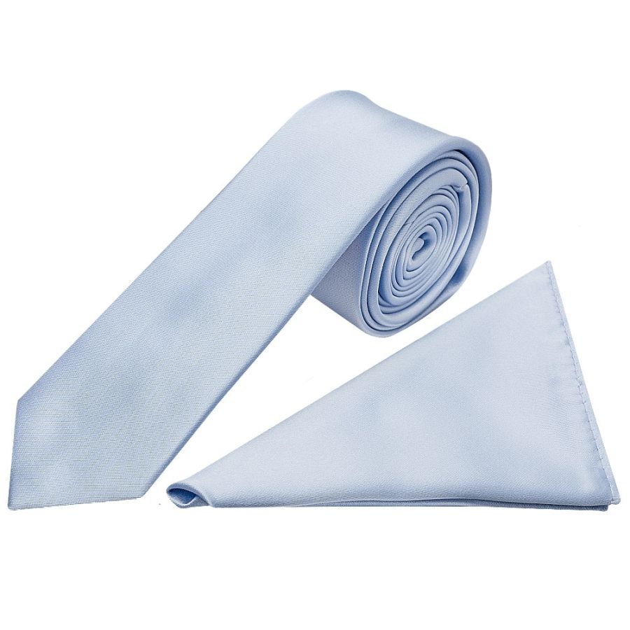 Plain Dusty Blue Boys Satin Skinny Tie and Pocket Square