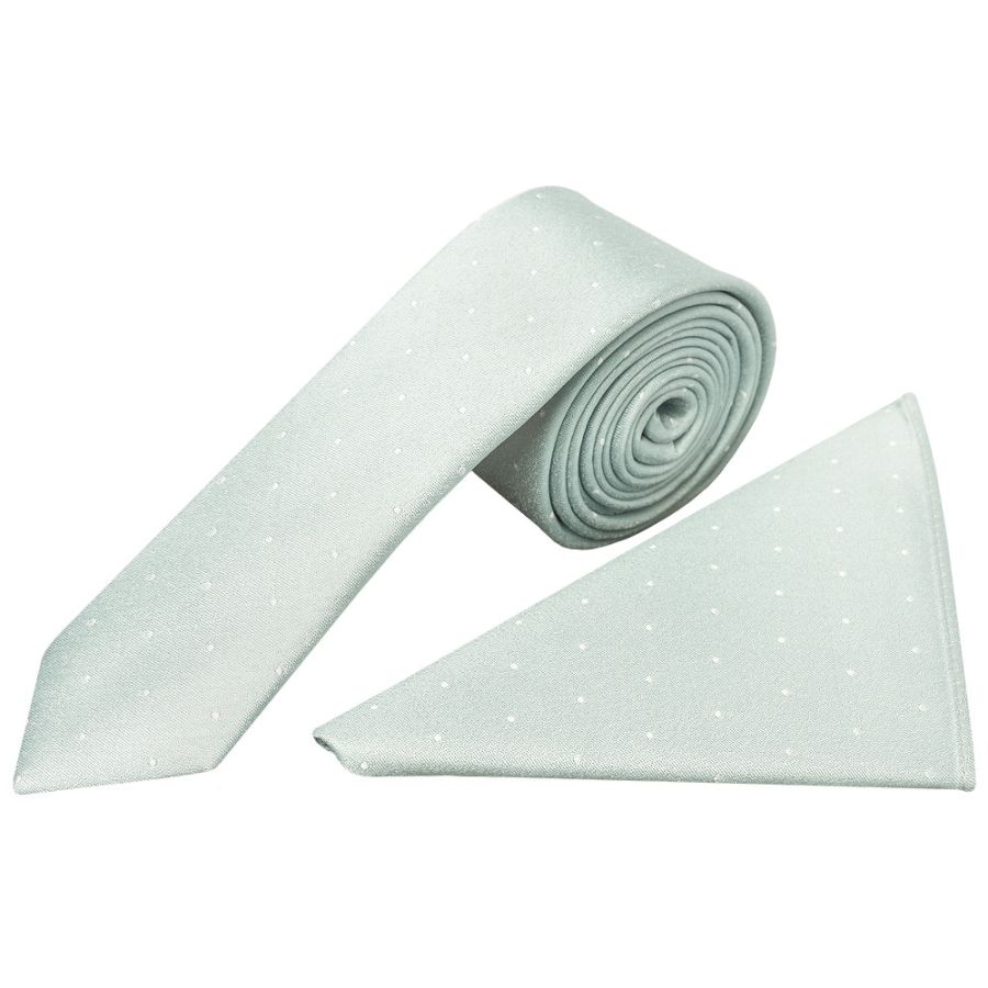 Duck Egg with White Spot Silk Skinny Tie and Pocket Square