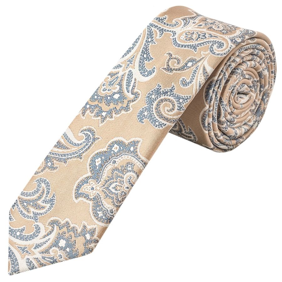 Champagne and Blue Paisley Skinny Men's Tie