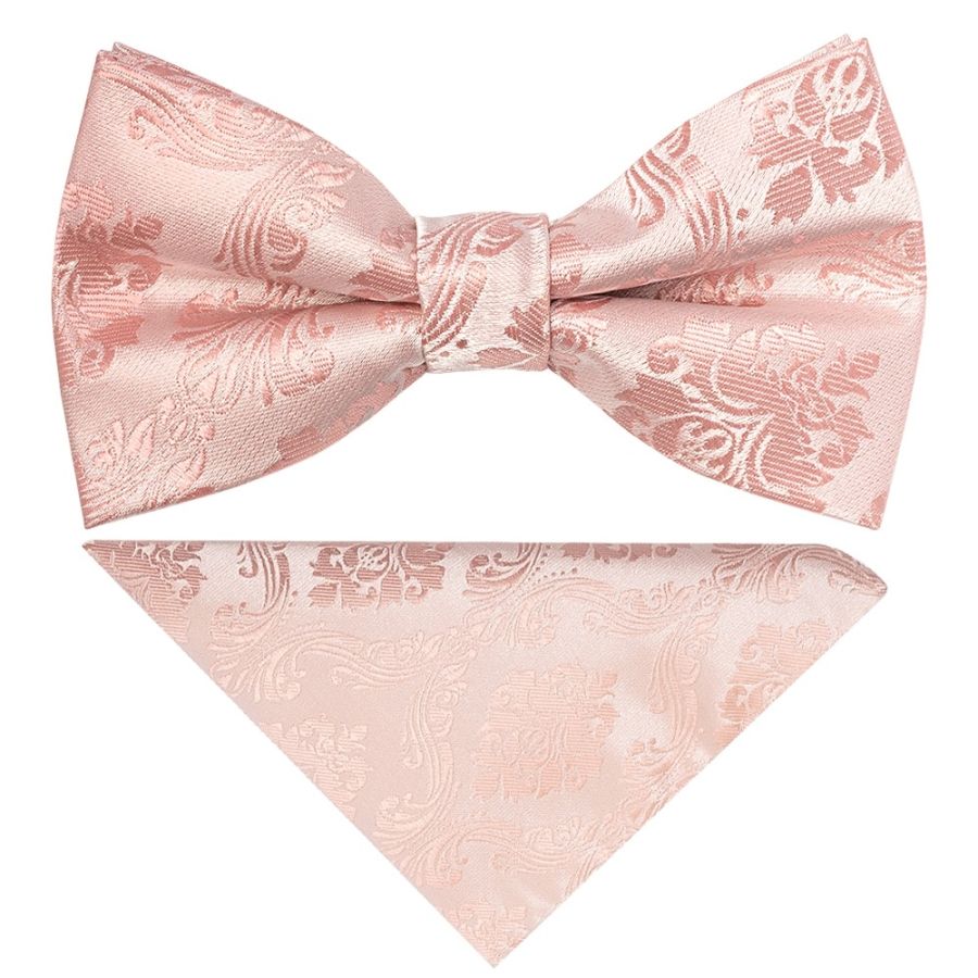 Pre Tied Rose Quartz Paisley Boys Bow Tie and Pocket Square Set