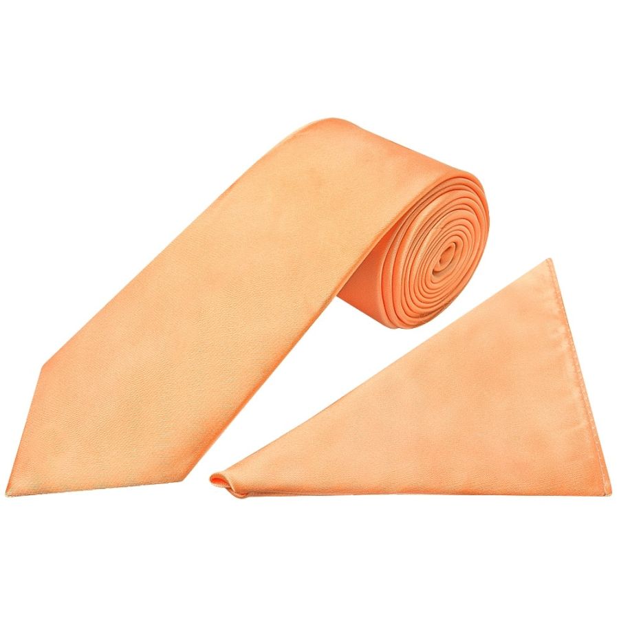 Plain Peach Satin Classic Men's Tie and Pocket Square Set