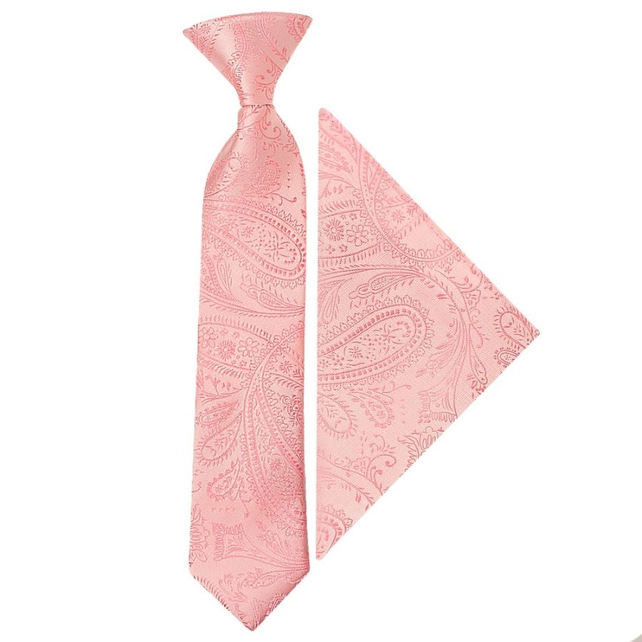 Pre Tied Light Pink Paisley Boys Tie and Pocket Square Set Age 4-7 