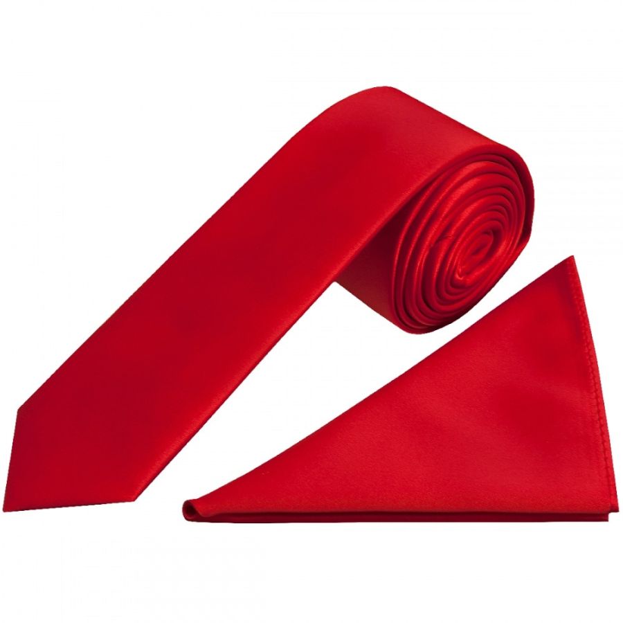 Plain Scarlet Red Skinny Men's Tie and Pocket Square Set