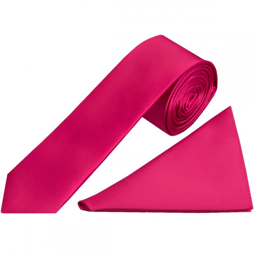 Plain Cerise Pink Satin Boys Tie and Pocket Square Set