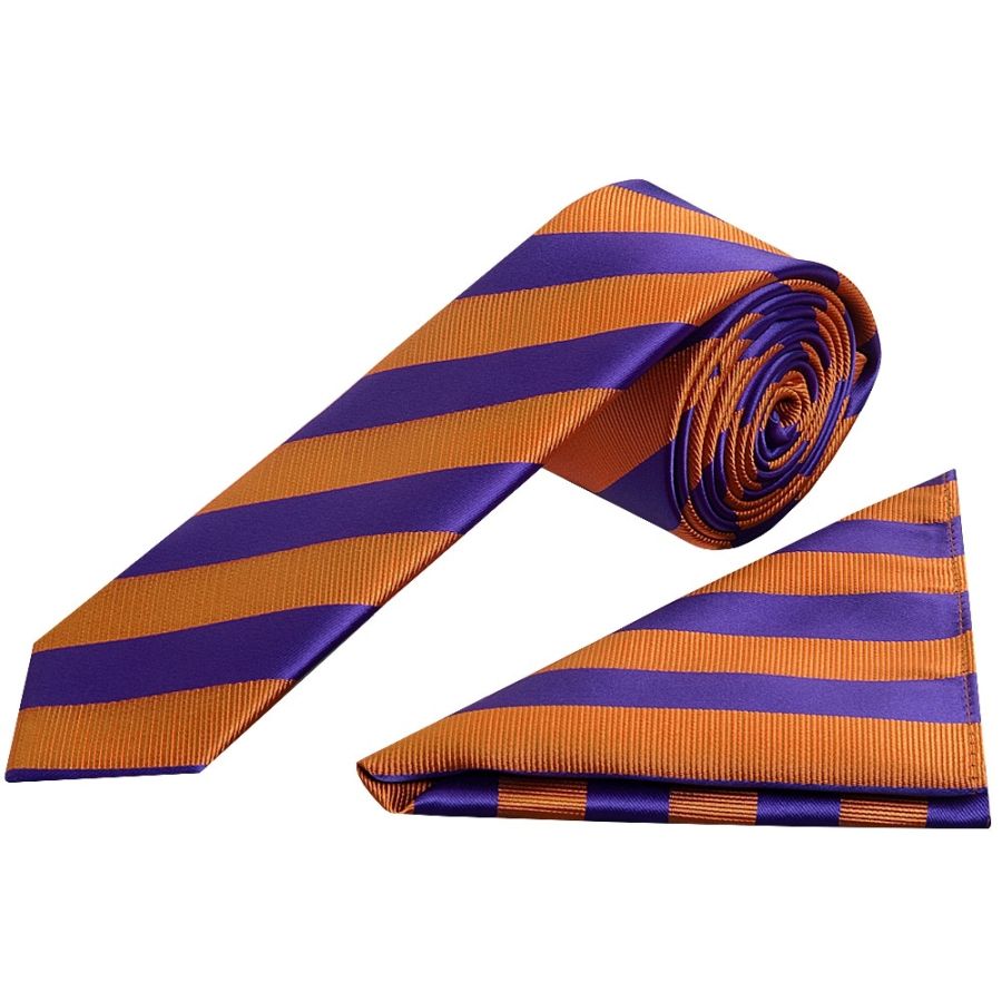 Purple and Orange Striped Skinny Men's Tie and Pocket Square Set
