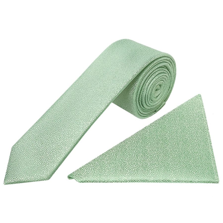 Plain Green Textured Silk Skinny Men's Tie and Pocket Square Set