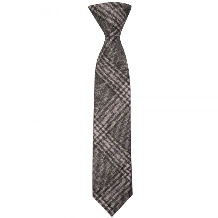 Pre Tied Light Grey Check Tweed Boys Tie Age 4-7