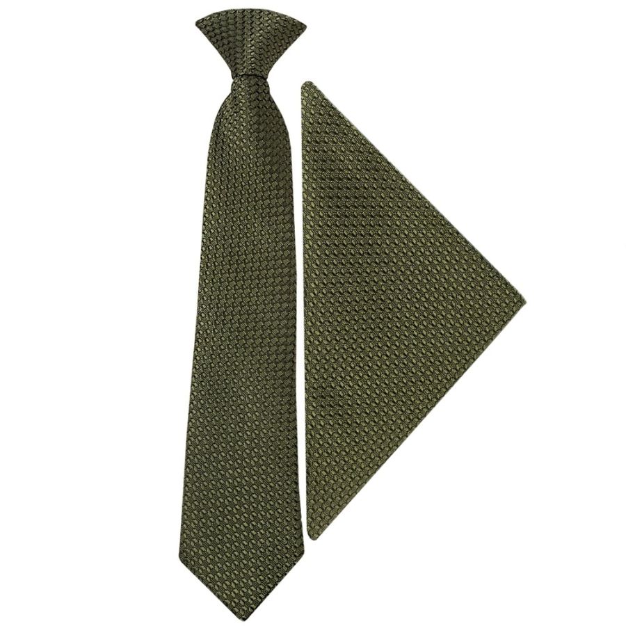 Pre Tied Olive Green Textured Boys Tie and Pocket Square Set Age 4-7