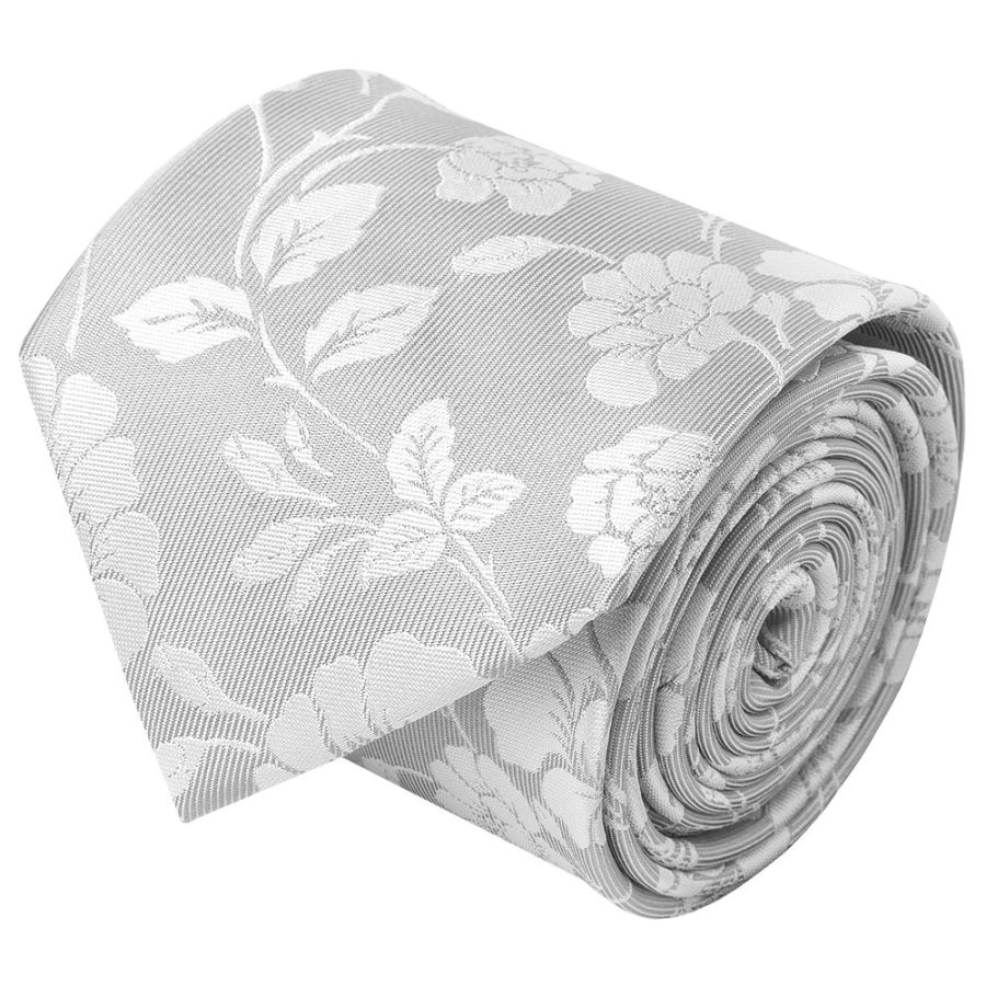Men's Silver with White Floral Silk Classic Tie and Pocket Square