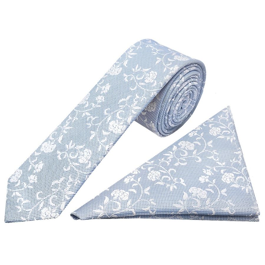 Sky Blue and White Skinny Boys Tie and Pocket Square Set