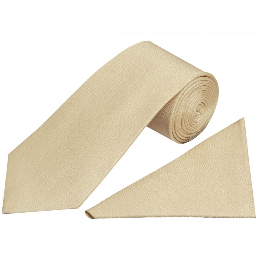 Plain Champagne Textured Silk Classic Men's Tie and Pocket Square Set