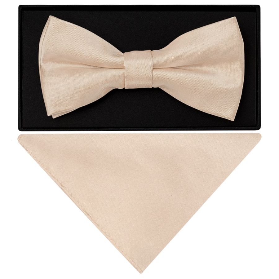 Plain Nude Satin Mens Bow Tie and Pocket Square Set