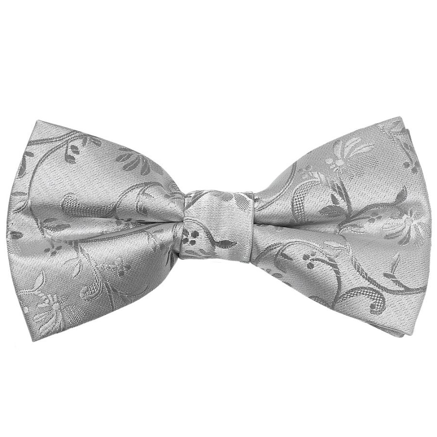 Pre Tied Silver Floral Boys Bow Tie and Pocket Square Set