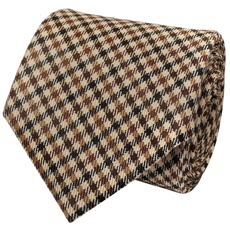 Mens Brown Gingham Classic Tie and Pocket Square Set