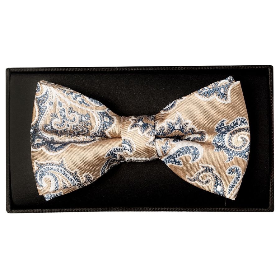 Champagne and Blue Paisley Handmade Mens Bow Tie