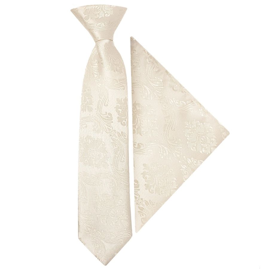 Pre Tied Ivory Paisley Boys Tie and Pocket Square Set Age 4-7